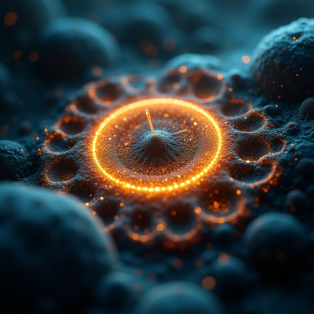 Close-up of a biological cell structure visualization with warm amber and blue tones representing the circadian clock mechanism
