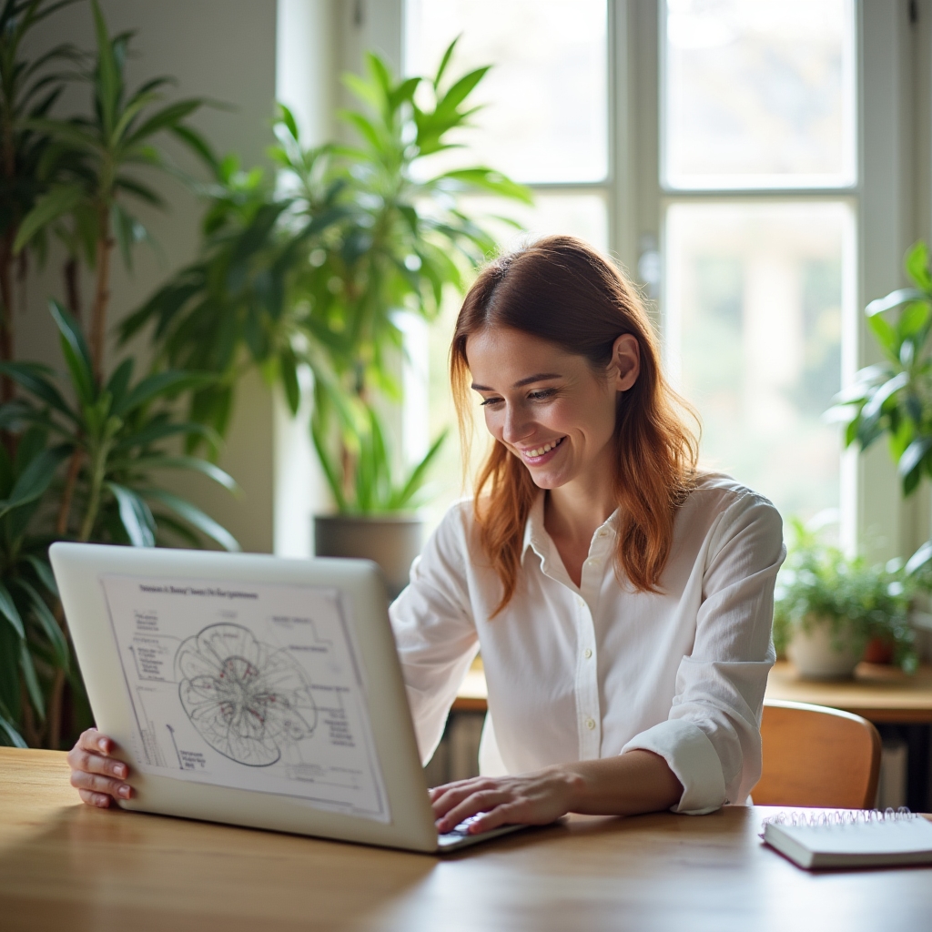 A woman in her late thirties presenting a biological rhythm diagram on a laptop screen in a bright home studio environment with plants in the background