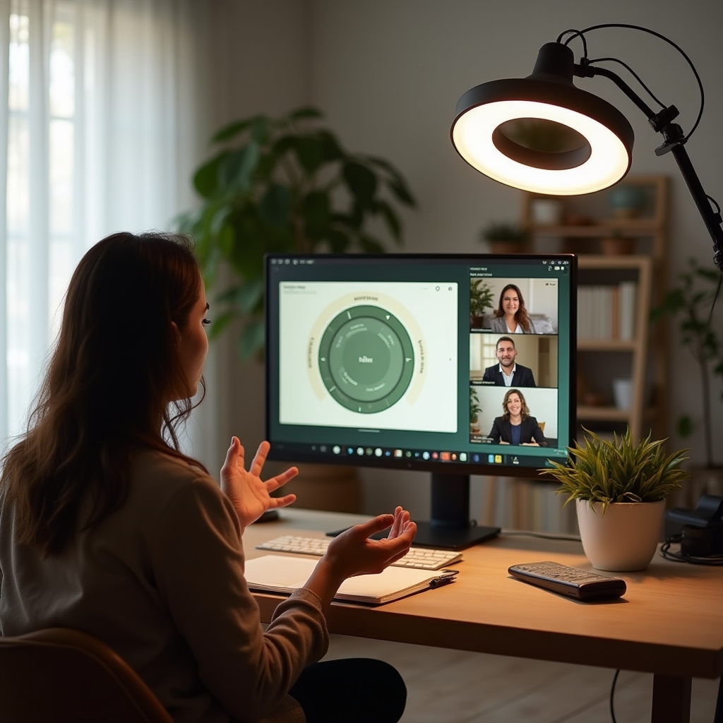 A wellness educator presenting to a small online group, screen showing a diagram of ultradian rest cycles with soft lighting and minimal decor