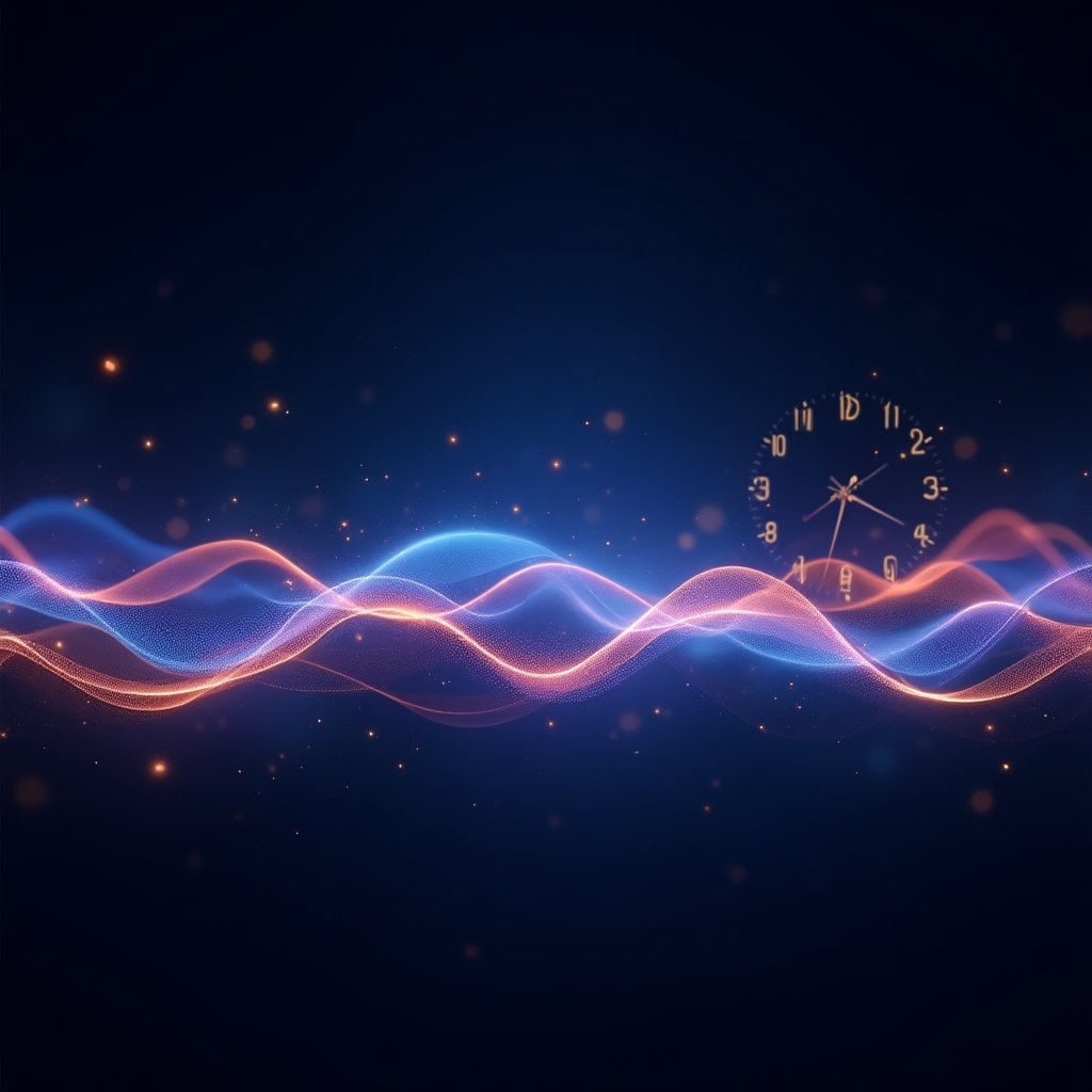 An abstract visualization of sleep architecture stages shown as layered wave patterns in deep blue and soft purple tones on a dark background