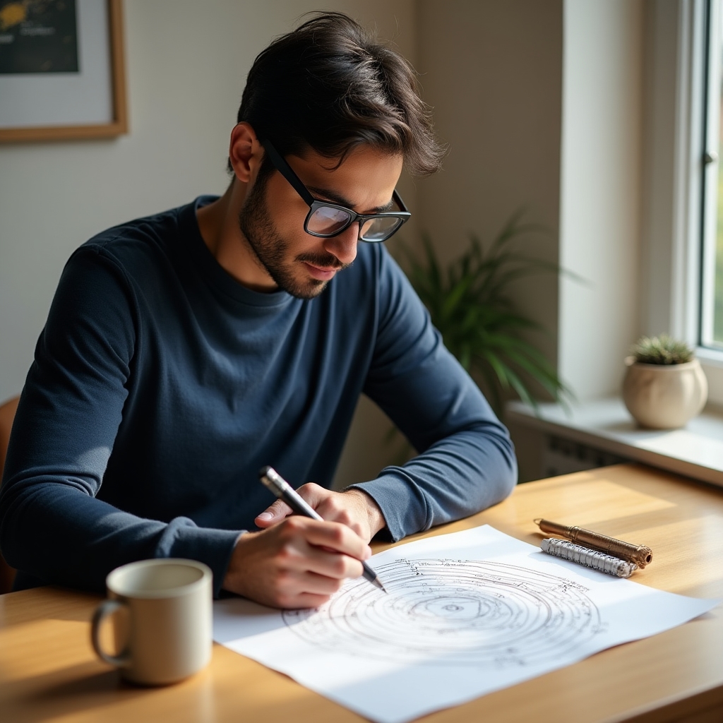 A person sitting at a wooden desk near a bright window, reviewing notes about their daily energy patterns